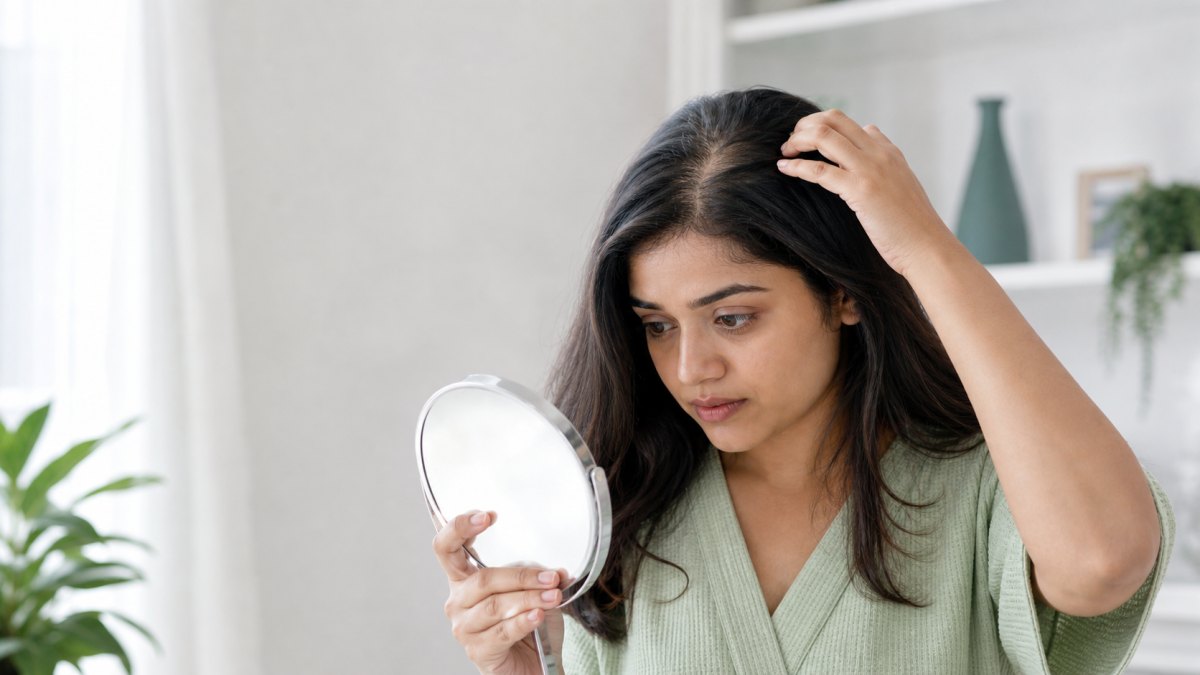 Indian woman examining hair thinning and a widening hair part with a hand mirror
